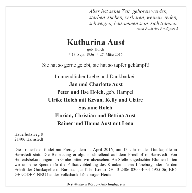  Traueranzeige für Katharina Aust vom 30.03.2016 aus 