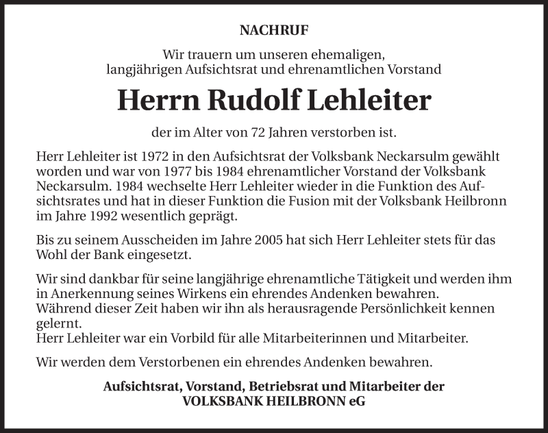  Traueranzeige für Rudolf Lehleiter vom 17.02.2015 aus 