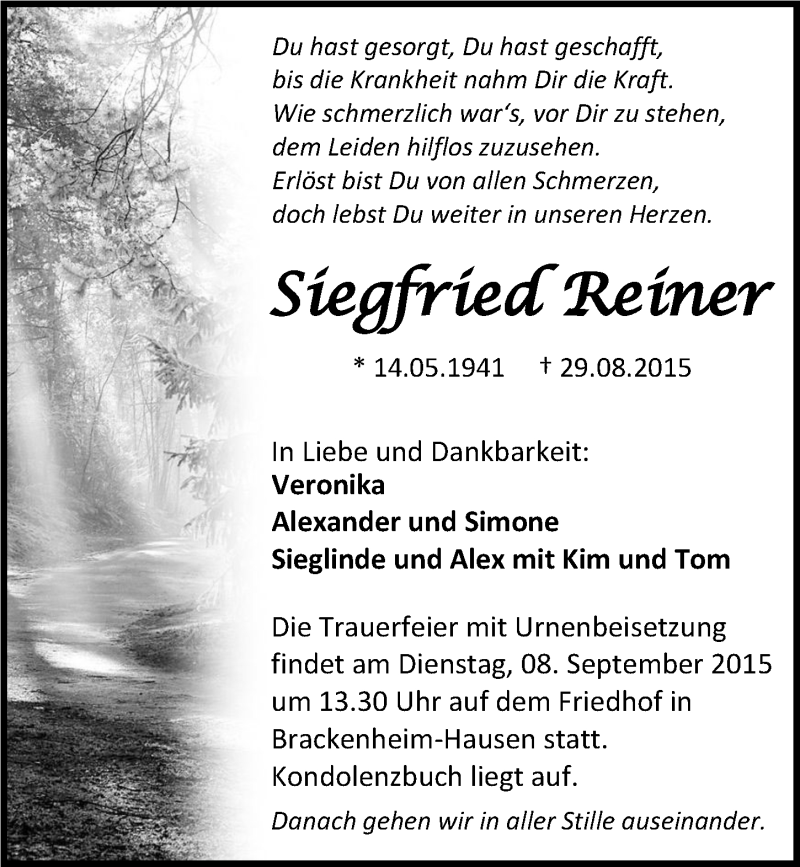  Traueranzeige für Siegfried Reiner vom 03.09.2015 aus 