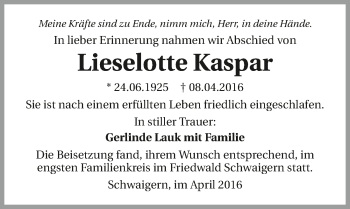 Traueranzeige von Lieselotte Kaspar 