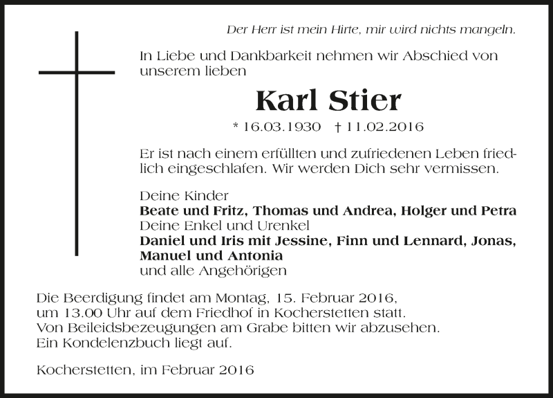  Traueranzeige für Karl Stier vom 13.02.2016 aus 