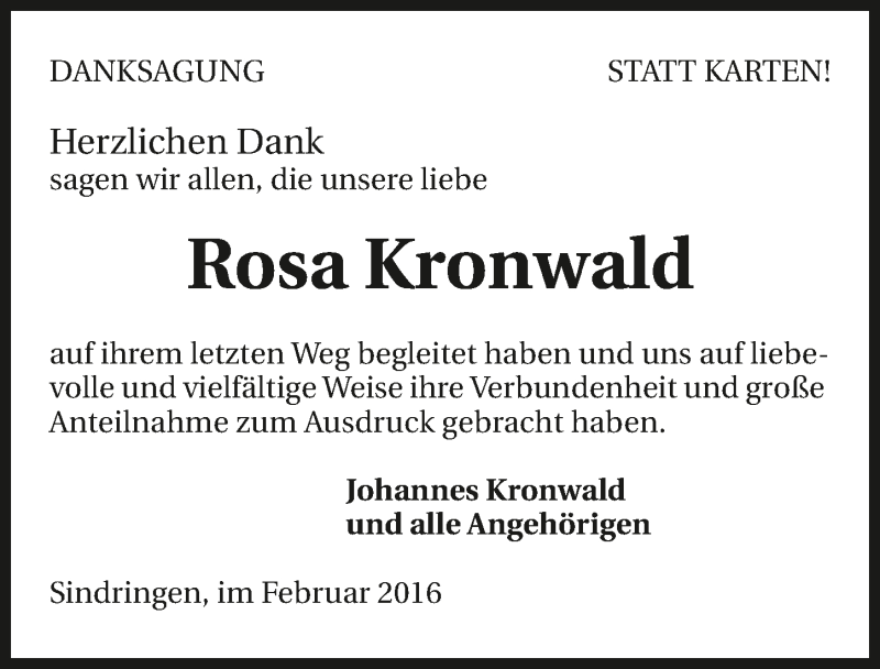  Traueranzeige für Rosa Kronwald vom 27.02.2016 aus 