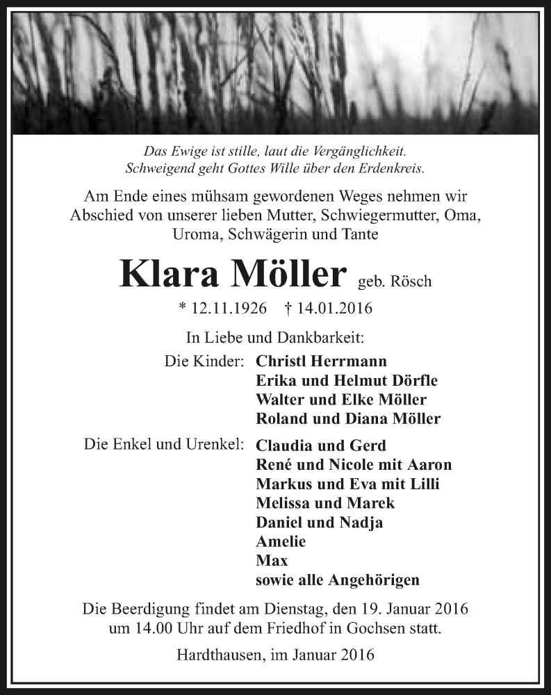 Traueranzeige für Klara Möller vom 16.01.2016 aus 