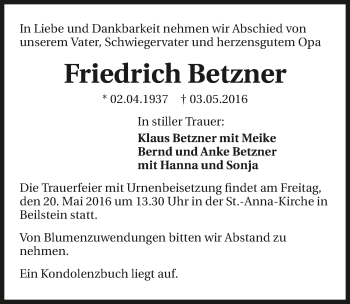 Traueranzeige von Friedrich Betzner 