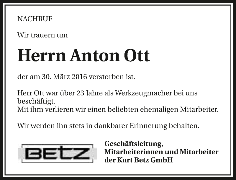  Traueranzeige für Anton Ott vom 07.04.2016 aus 