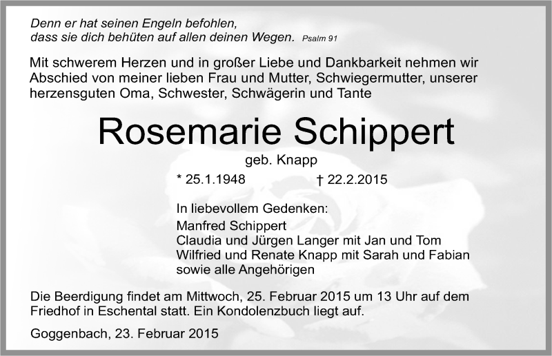  Traueranzeige für Rosemarie Schippert vom 23.02.2015 aus 