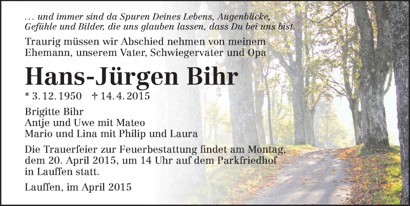  Traueranzeige für Hans-Jürgen Bihr vom 18.04.2015 aus 