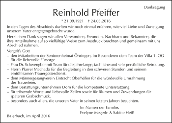 Traueranzeige von Reinhold Pfeiffer 