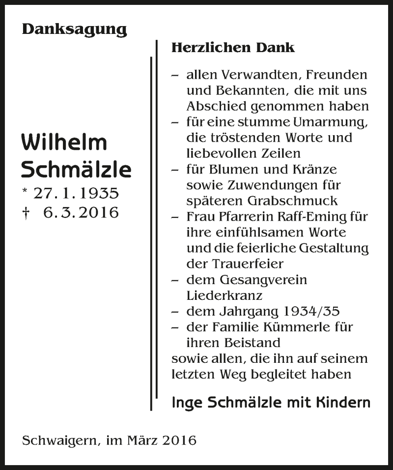  Traueranzeige für Wilhelm Schmälzle vom 26.03.2016 aus 