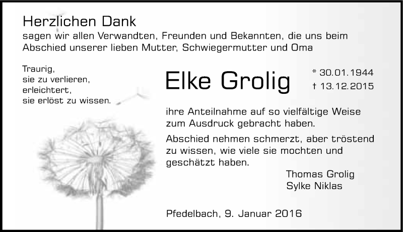  Traueranzeige für Elke Grolig vom 09.01.2016 aus 