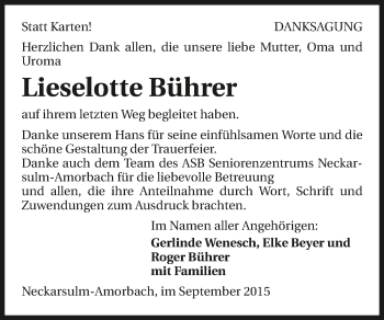 Traueranzeige von Lieselotte Bührer 