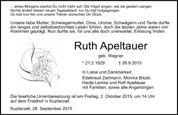 Traueranzeige von Ruth Apeltauer 