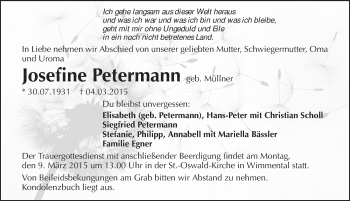 Traueranzeige von Josefine Petermann 