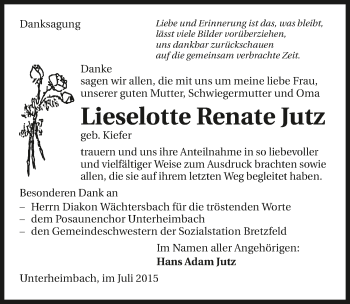 Traueranzeige von Lieselotte Renate Jutz 
