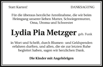 Traueranzeige von Lydia Pia Metzger 