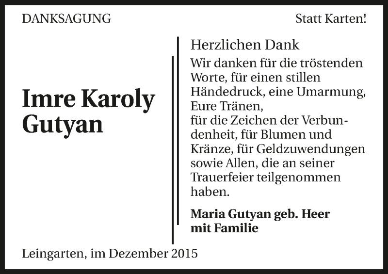  Traueranzeige für Imre Karoly Gutyan vom 31.12.2015 aus 