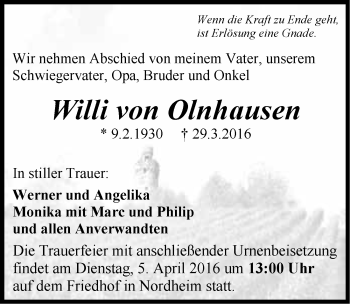 Traueranzeige von Willi von Olnhausen 