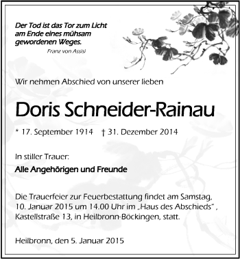 Traueranzeige von Dora Schneider-Rainau 