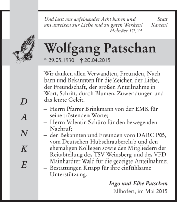 Traueranzeige von Wolfgang Patschan 