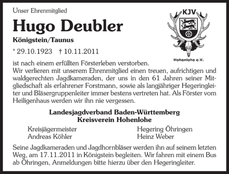  Traueranzeige für Hugo Deubler vom 15.11.2011 aus 