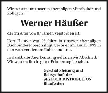 Traueranzeige von Werner Häußer 