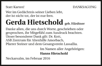 Traueranzeige von Gerda Hietschold 