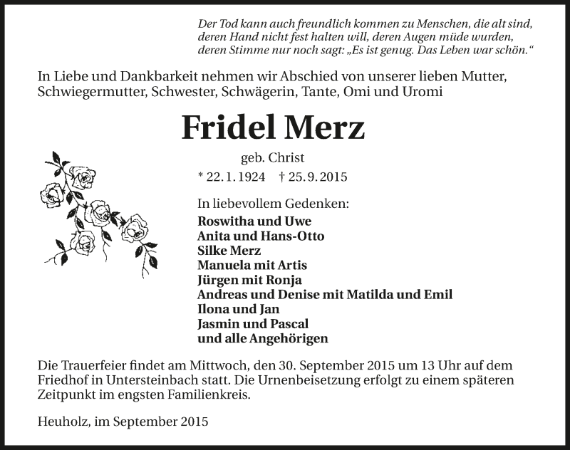  Traueranzeige für Fridel Merz vom 28.09.2015 aus 