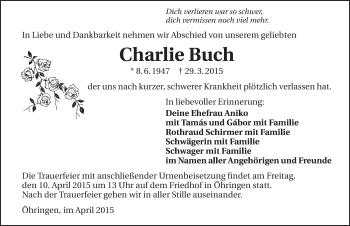 Traueranzeige von Charlie Buch 