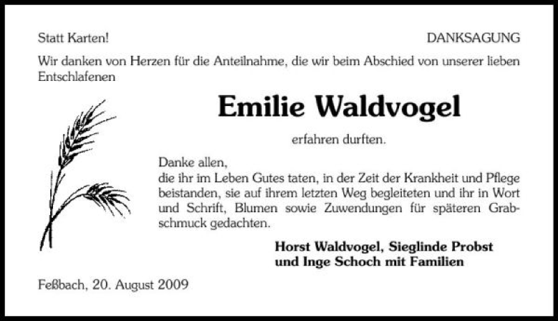  Traueranzeige für Emilie Waldvogel vom 20.08.2009 aus 