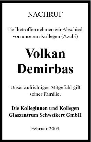 Traueranzeige von Volkan Demirbas 