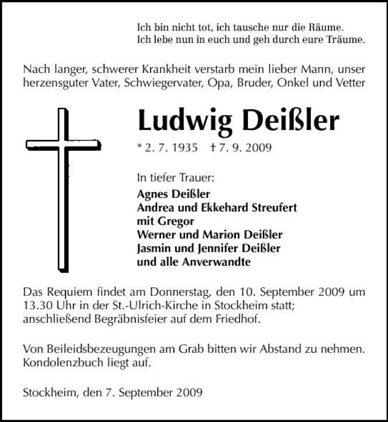  Traueranzeige für Ludwig Deißler vom 09.09.2009 aus 