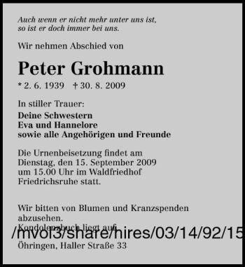 Traueranzeige von Peter Grohmann 