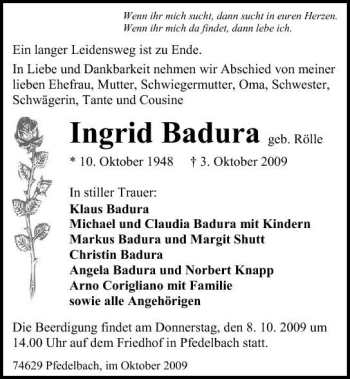 Traueranzeige von Ingrid Badura 