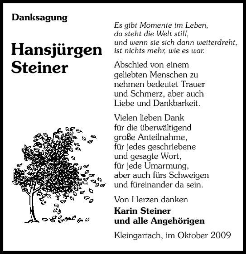  Traueranzeige für Hansjürgen Steiner vom 28.10.2009 aus 