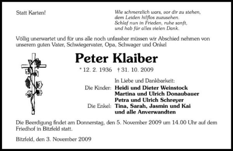  Traueranzeige für Peter Klaiber vom 03.11.2009 aus 