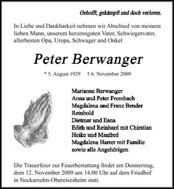 Traueranzeige von Peter Berwanger 