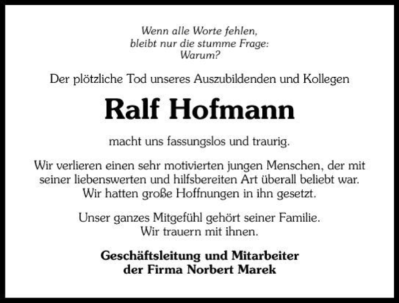  Traueranzeige für Ralf Hofmann vom 13.11.2009 aus 