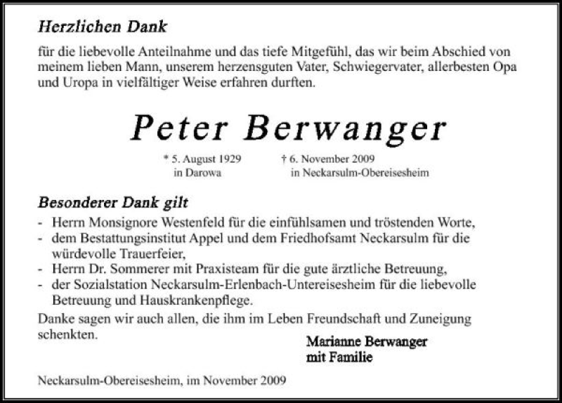  Traueranzeige für Peter Berwanger vom 20.11.2009 aus 