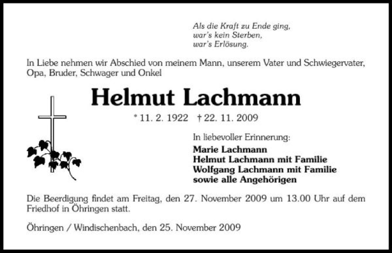  Traueranzeige für Helmut Lachmann vom 25.11.2009 aus 