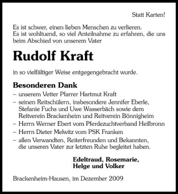 Traueranzeige von Rudolf Kraft 