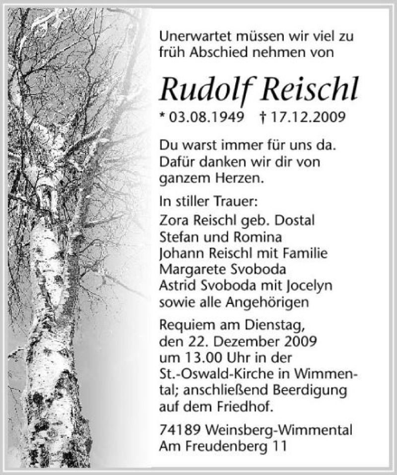  Traueranzeige für Rudolf Reischl vom 19.12.2009 aus 