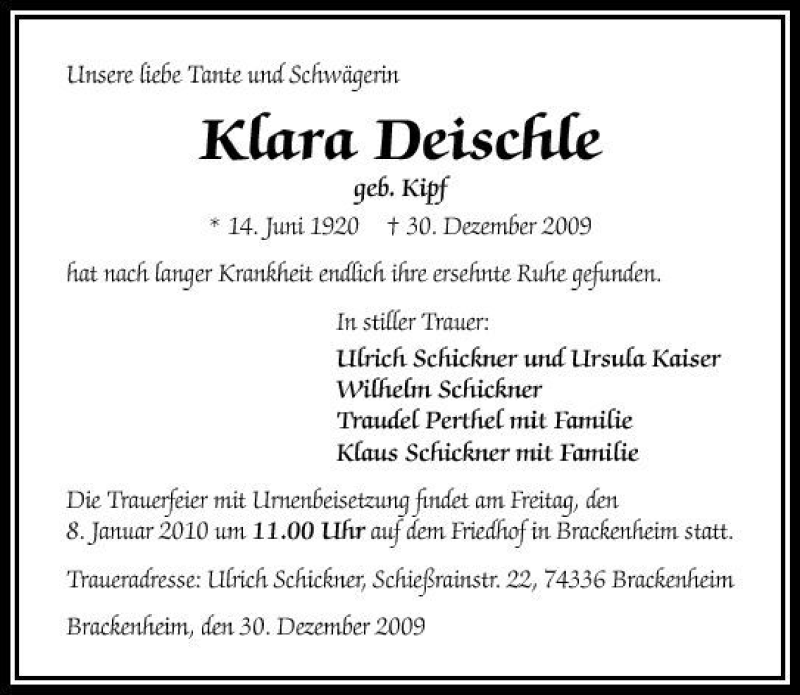  Traueranzeige für Klara Deischle vom 04.01.2010 aus 