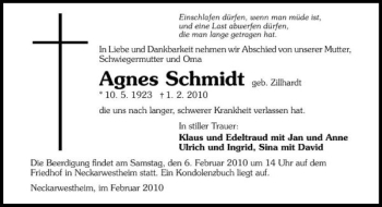 Traueranzeige von Agnes Schmidt 