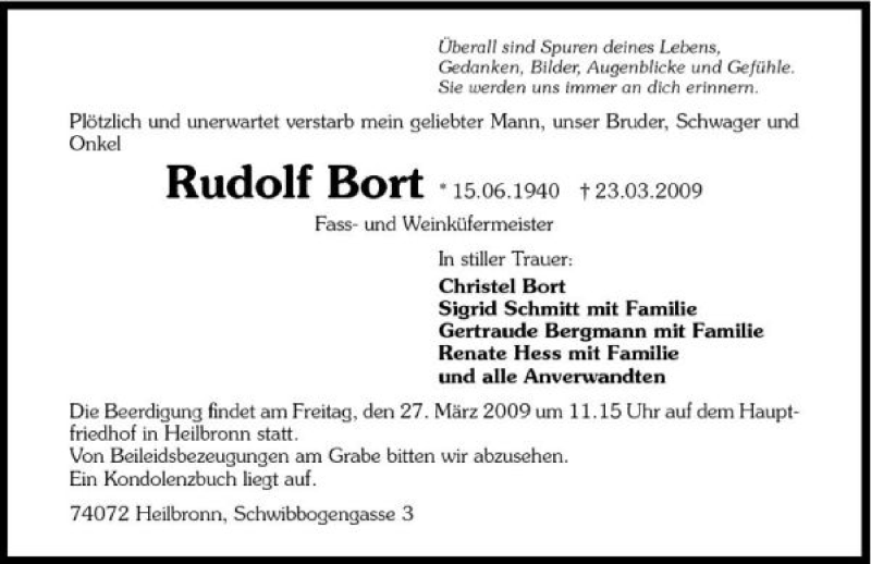  Traueranzeige für Rudolf Bort vom 25.03.2009 aus 
