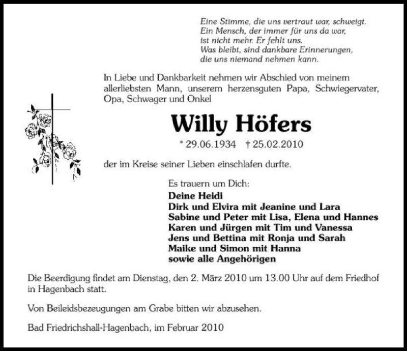  Traueranzeige für Willy Höfers vom 27.02.2010 aus 