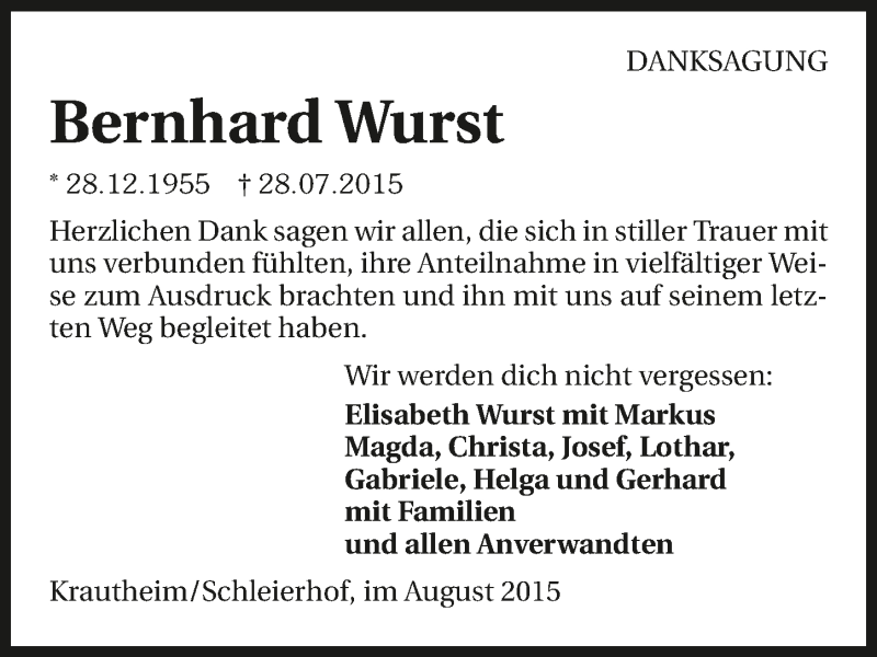  Traueranzeige für Bernhard Wurst vom 31.08.2015 aus 