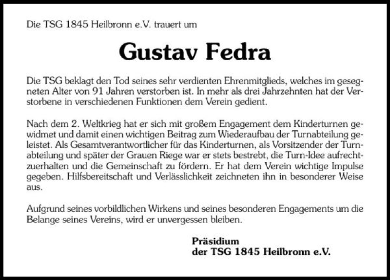  Traueranzeige für Gustav Fedra vom 09.03.2010 aus 