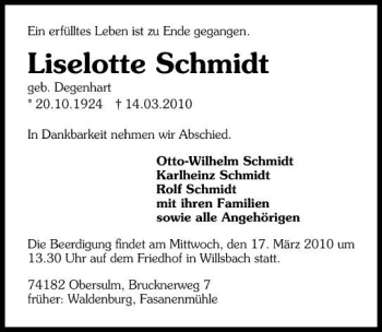 Traueranzeige von Liselotte Schmidt 