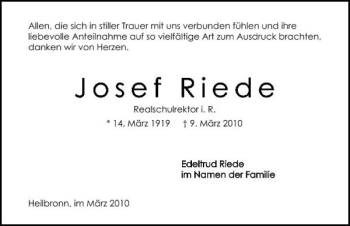 Traueranzeige von Josef Riede 