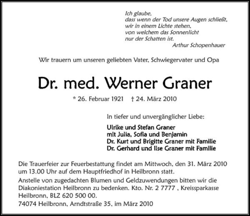  Traueranzeige für Dr. Werner Graner vom 27.03.2010 aus 